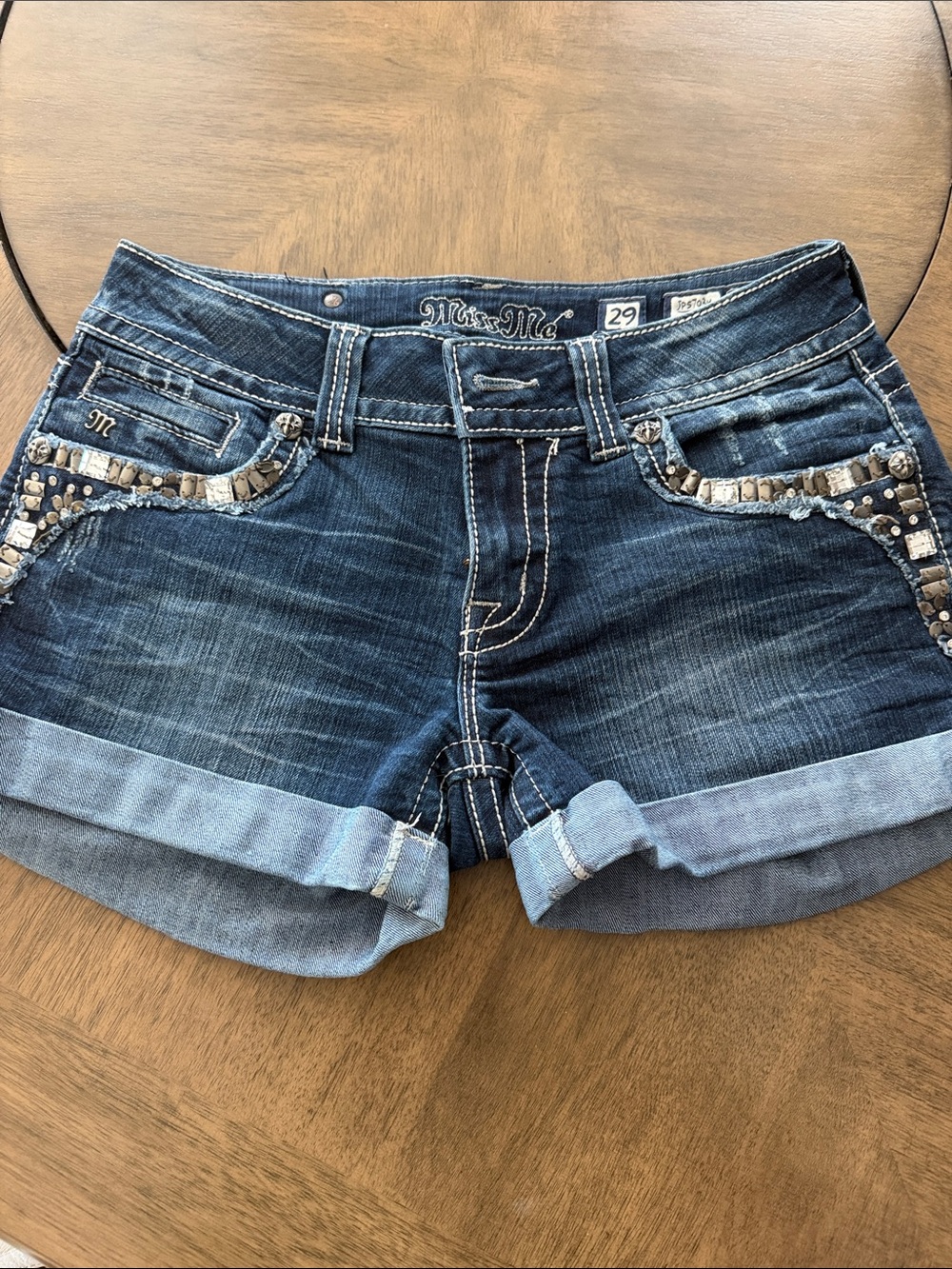Miss Me Dark Wash Embellished Denim Shorts - Blue